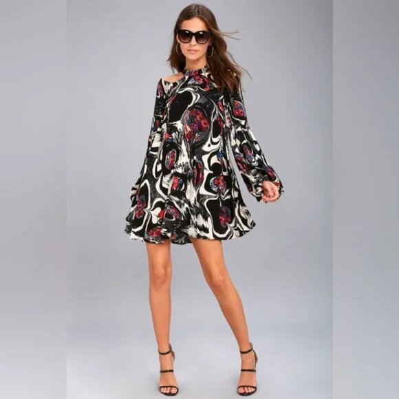 Free People Drift Away Black Print Cold Shoulder Mini Dress/ Tunic- Size Small - Picture 3 of 12